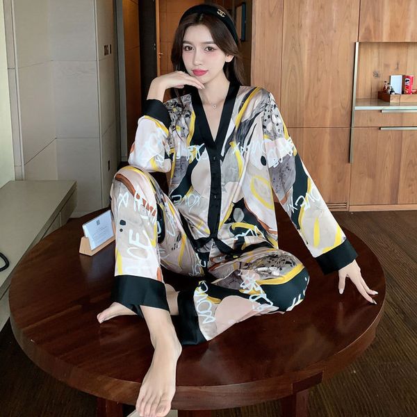 

women's sleepwear women's ice silk long sleeve cardigan two piece spring autumn thin pajama set v neck design luxury silk homewear, Black;red