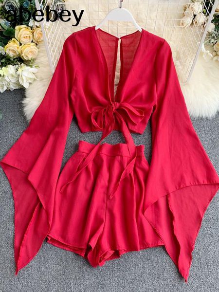 

womens two piece pants summer 2 piece outfits for women flare sleeve crop broadlegged shorts fashion ladies solid chiffon suit set 230227, White