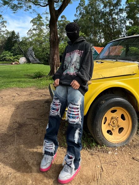 

men's jeans destroyed brushed washed heavy duty embroidered men women pants 230225, Blue