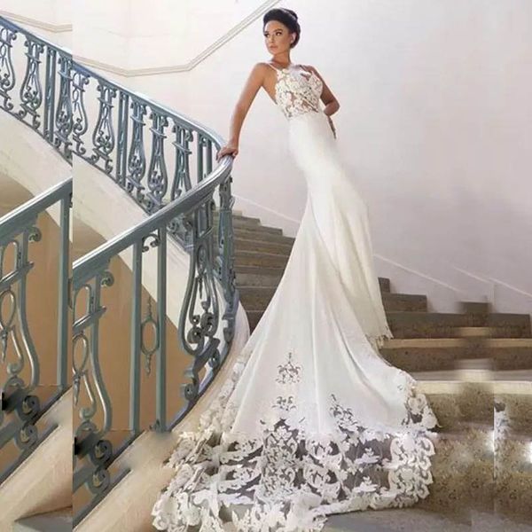 

spaghetti lace mermaid wedding dress long train wedding dresses backless bridal gowns for wedding, White