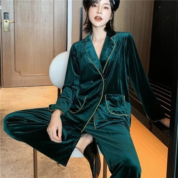 

womens sleepwear lisacmvpnel golden velvet pajamas autumn and winter long sleeved trousers home clothes set double breasted 230227, Black;red