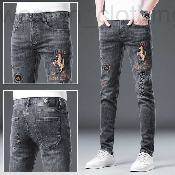 

men's jeans designer 2022 spring embroidered slim fit feet pants fashion brand high-end grey cotton t045, Blue