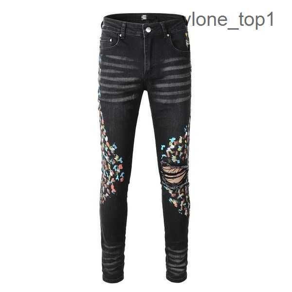 

embroidery 2023 amirs 23 slim new colorways designer close-fitting mens jeans hiking pant pencil ripped pants brand para hombre motorcycle 7, Blue