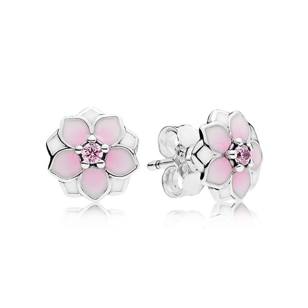 

pink magnolia stud earrings real sterling silver for pandora cz diamond wedding jewelry for women girlfriend gift designer flower earring se, Golden;silver