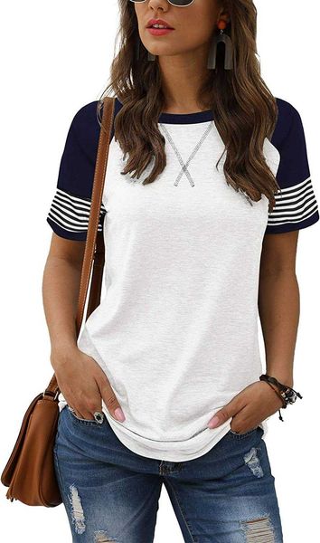 

women's short sleeve multiple color block t shirt casual crew neck striped shirtsy0xv, White