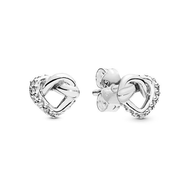 

knotted heart stud earrings real sterling silver for pandora cz diamond wedding designer jewelry for women girlfriend gift love earring set, Golden;silver