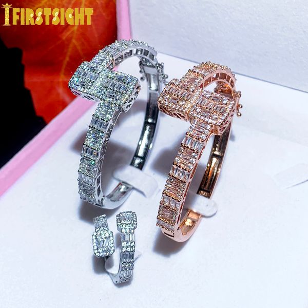 

charm bracelets iced out bling opened square zircon bracelet gold silver color rectangle aaa cz bangle for men women hiphop luxury jewelry 2, Golden;silver