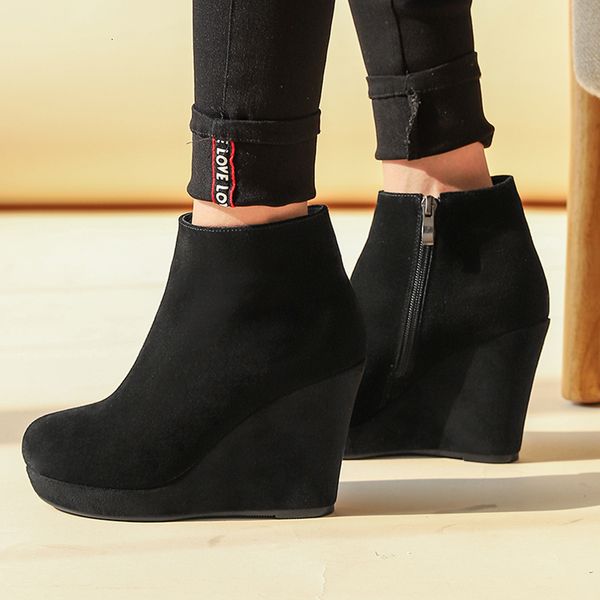 

boots genuine leather ankle women platform fashion wedge boot shoes for round toe autumn winter high heel black 230227