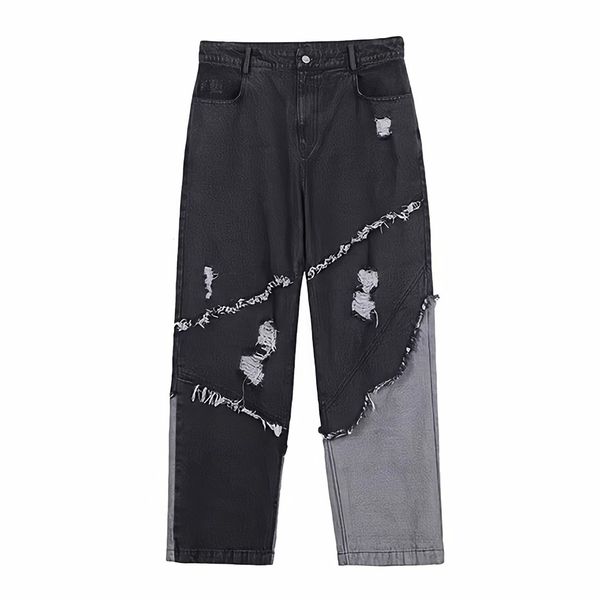 

men's jeans tassel black baggy straight wide leg cargo pants man streetwear harajuku style vintage washed ripped denim trousers 230225, Blue
