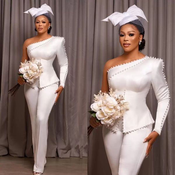 

2023 one shoulder bride wedding gown pants suit ivory slim fit modern outfit formal reception wear for women pearls beading bridal dresses, White