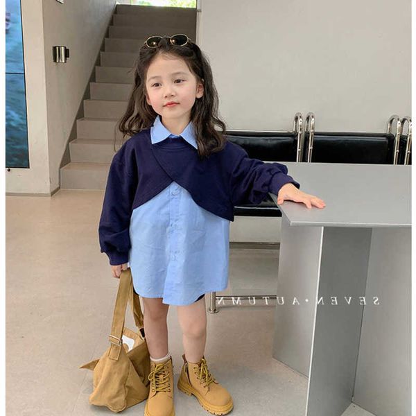 

girl's dresses 2023 spring little girls clothing korean fashion fake two-piece shirt dress wholesale clothes cute dress vintage sweatsh, Red;yellow