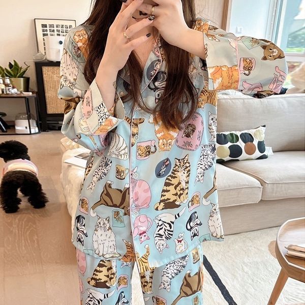 

womens sleepwear lisacmvpnel print fashion cartoon women pajama set long sleeve suit ice silk 230227, Black;red