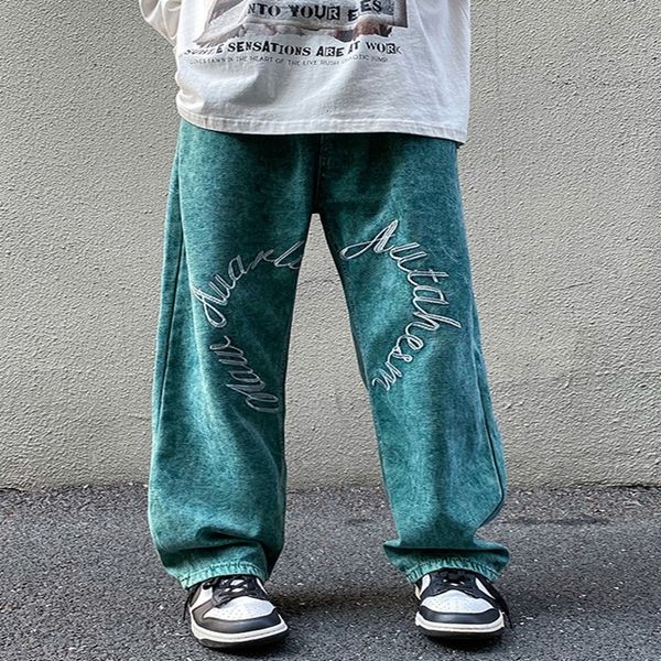 

men's jeans 2023 fashion letter embroidery vintage green baggy men pants y2k clothes straight casual long trousers pantalon homme 23022, Blue