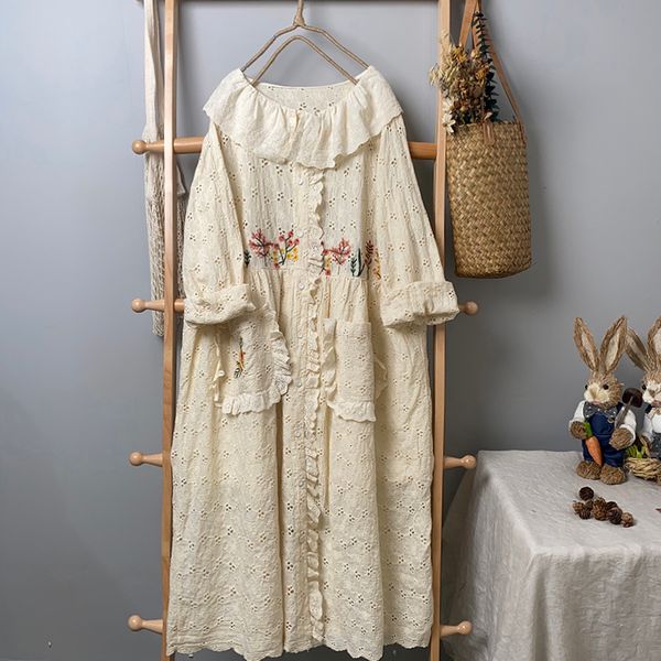 

casual dresses fall women dress japan style mori girl hollow out embroidery solid color long sleeve cotton and linen dress 230227, Black;gray