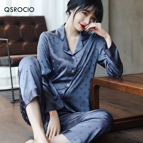 

womens sleepwear qsrocio pajamas set fashion sweet heart print silk like nightie leisure home clothes nightwear pyjamas femme 230227, Black;red