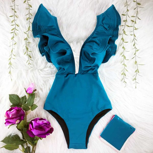

Sexy Bikini Thong Swimsuit 2022 New Ruffle Print Floral One Piece Off The Shoulder Swimwear Women Solid Deep-V Beachwear Bathing Suit Monkini, Blue