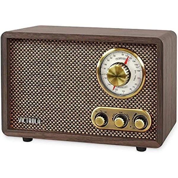 

mini speaker victrola retro wood bluetooth fm/am radio with rotary dial