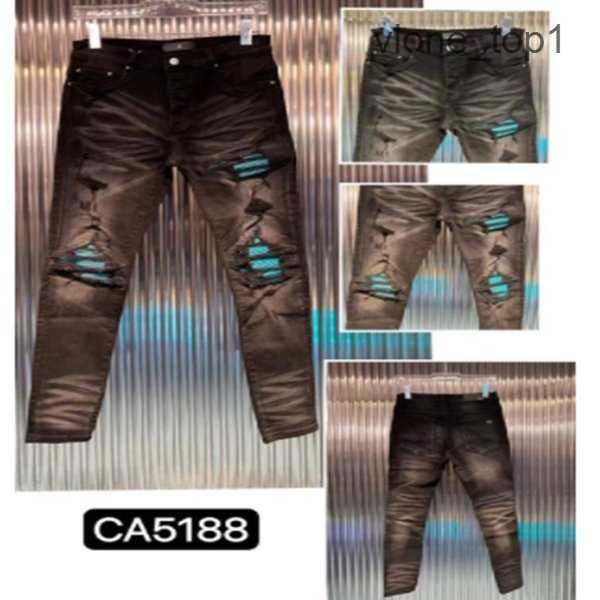 

amirly fashion men's fit ripped jeans blue flame 2 print personality patched 4jhs holes slim
