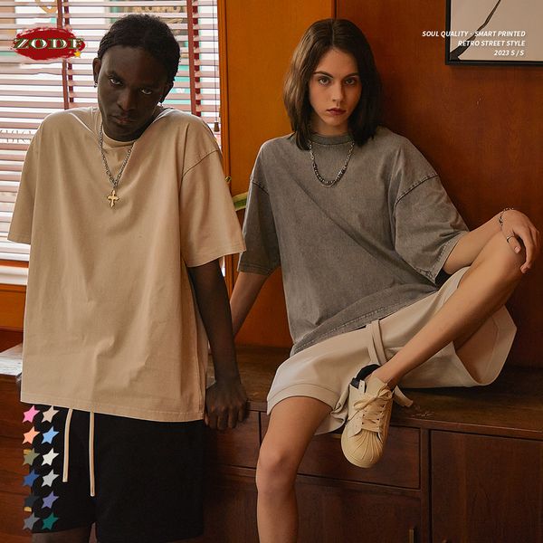 

men's tshirts zodf 2023 high street summer washed cotton tshirt tees for men loose retro solid t shirts brand hy0113 230225, White;black