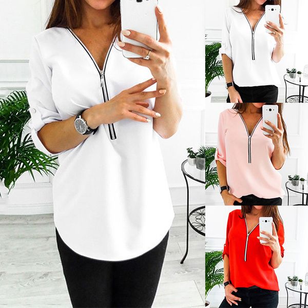 

women's blouses shirts arrivals women fashion long sleeve v neck loose chiffon blouse shirt solid lady 230227, White