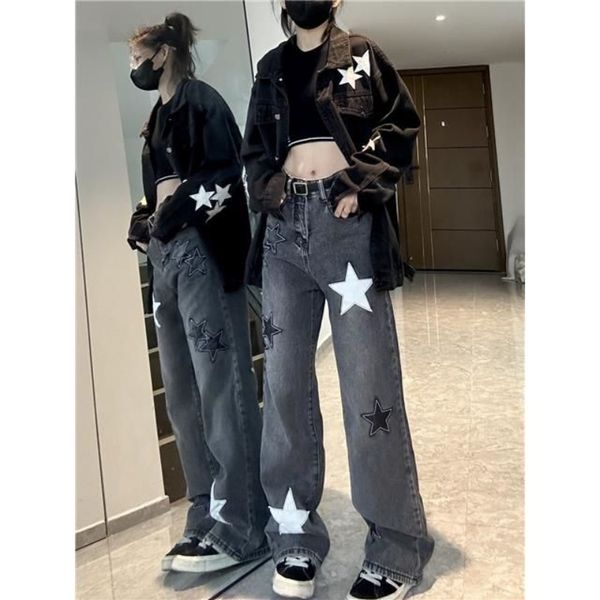 

women's jeans embroidered star jeans women y2k high street retro hip hop high waisted jeans oversized casual loose wide leg pants 23022, Blue