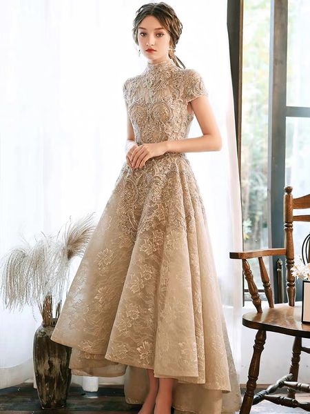 

luxury khaki lace evening dresses stand collar cap sleeves high low a-line beads formal party ceremony celebrities prom gown new, Black;red