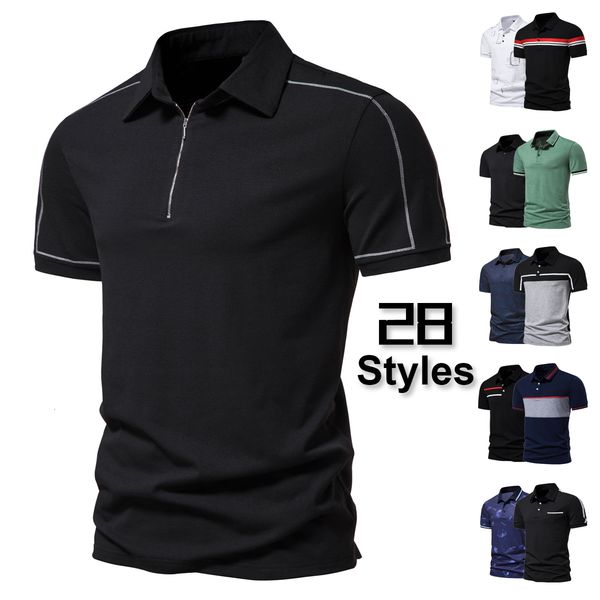 

men's polos summer men's fashion printing casual t-shirt solid color lapel slim short-sleeved t-shirt european size 230227, White;black