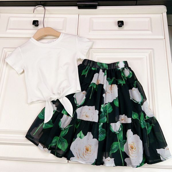 

2023 kids girls summer printed floral 2pcs sets fashion stylish vintage flower children clothing outfits, White