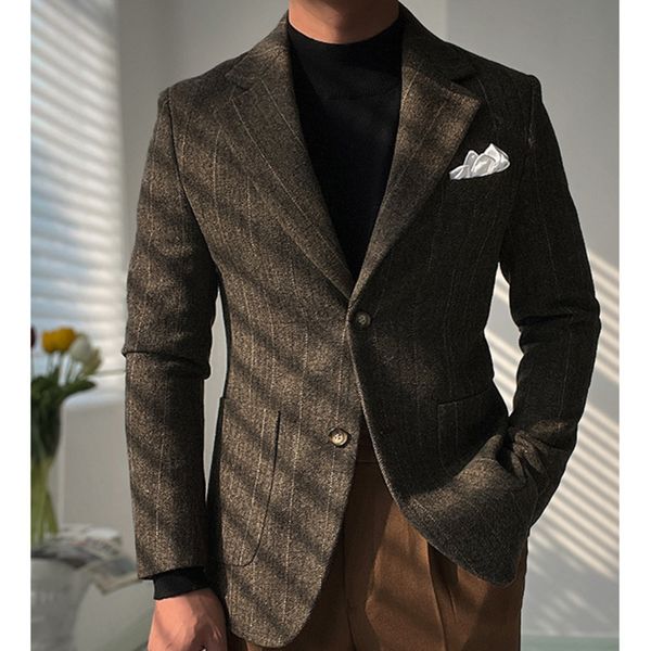 

men's suits blazers masculino herribone stripe hombre casual wool coat slim long sleeve gentleman dress prom for men 230227, White;black