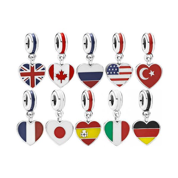 

charm bracelets % 925 standard silver fine jewelry dangle charms original flag on heart pendant for bracelet l230227, Golden;silver