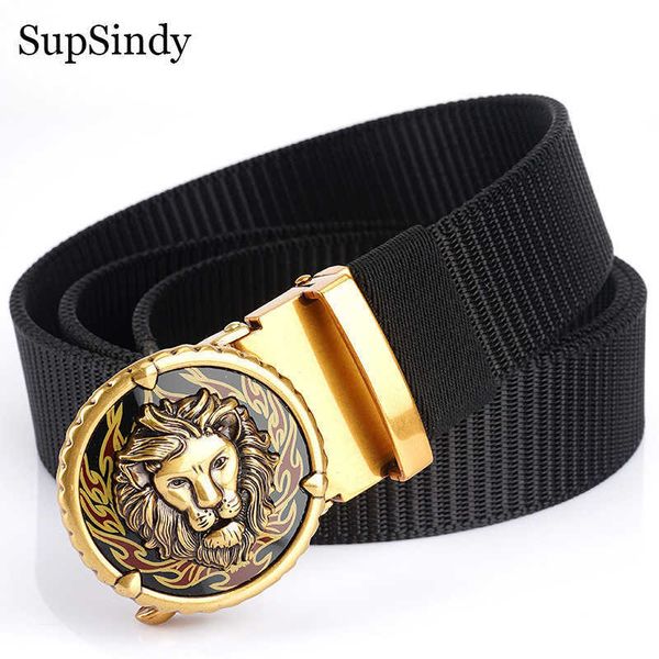 

belts supsindy man's nylon belt luxury gold lions metal automatic buckle canvas belts for men fashion jeans waistband black male strap, Black;brown