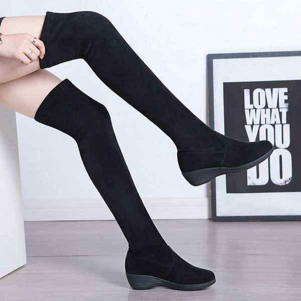 

boots women's thick legs fat mm socks boots wedges overtheknee rain autumn and winter women's warm thin elastic boo 230227, Black