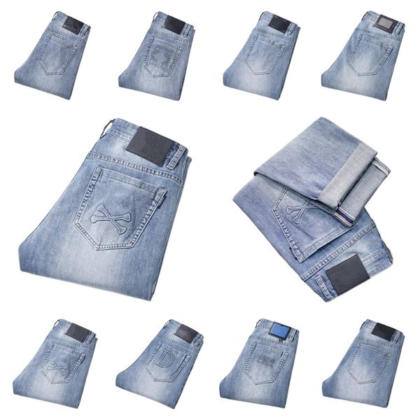 

men's jeans spring summer thin slim fit european american high-end brand small straight double f pants q9539-9, Blue