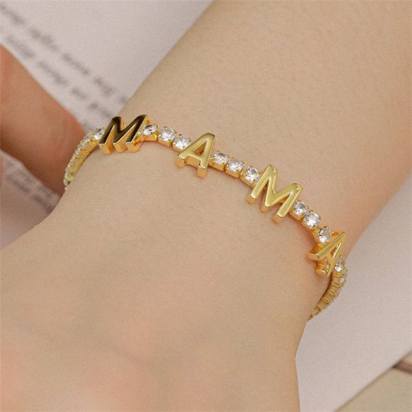 

s925 sterling silver mama letters tennis bracelet designer for woman white 5a cubic zirconia 18k gold chain love bracelets luxury jewelry gi, Golden;silver