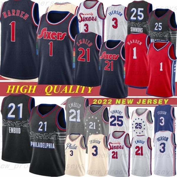 

joel 21 embiid 1 harden 2022 ncaa basketball jerseys allen 3 iverson julius 6 erving ben 25 simmons al 42 horford men shirts jersey, Black;red
