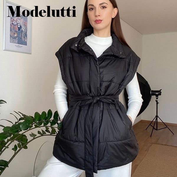 

women s jackets modelutti autumn winter fashion stand neck belt waist vest woman keep warm solid wild simple casual female l230225, Black;brown