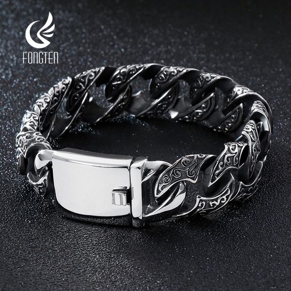 

charm bracelets fongten hip pop mens cuban link chain bracelet punk stainless steel vintage black man wristband bracelets bangle viking jewe, Golden;silver