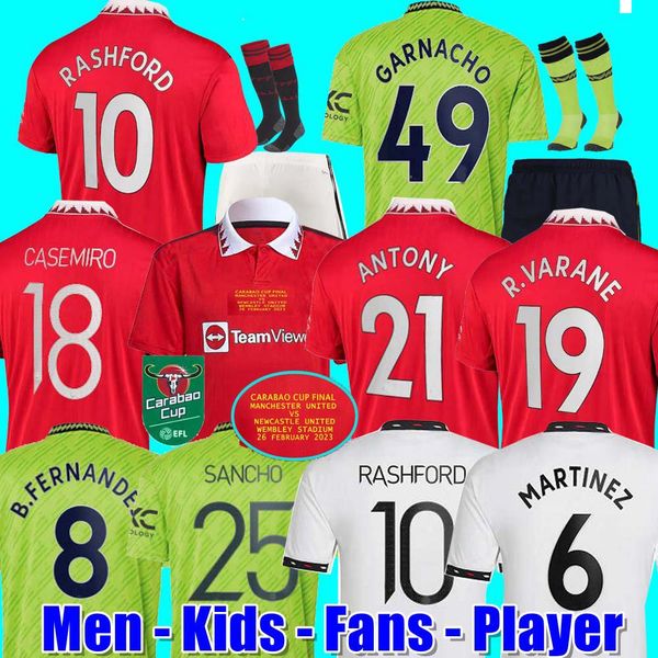 

fans player 22 23 sancho soccer jerseys bruno fernandes rashford football shirt 2022 2023 men kids kit martinez eriksen casemiro antony, Black;yellow