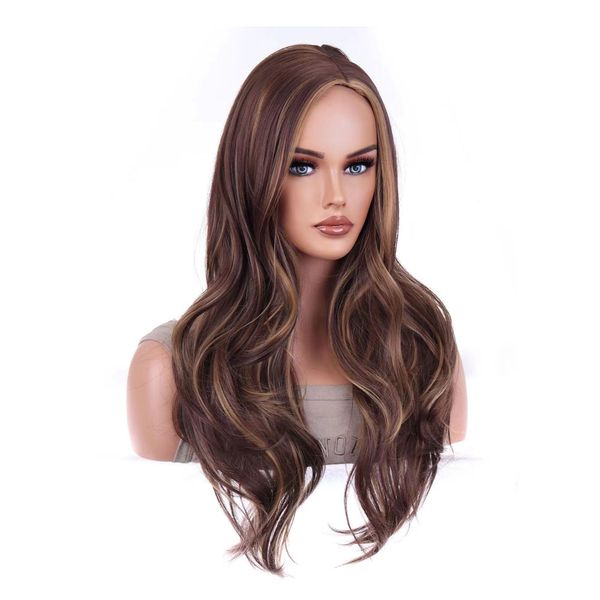 

mix brown ombre wig woodfestival wavy long synthetic hair daliy wear for women, Black