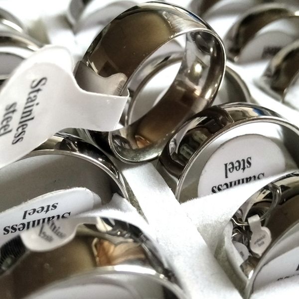 

band rings wholesale lots 50pcs width 8mm silver color stainless steel men women lovers wedding trendy jewelry fashion 230225
