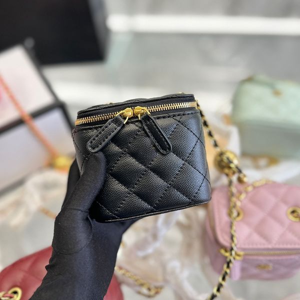 

ladies crush gold pearl ball vanity box bags cosmetic case caviar leather calfskin gold metal hardware matelasse chain crossbody shoulder de