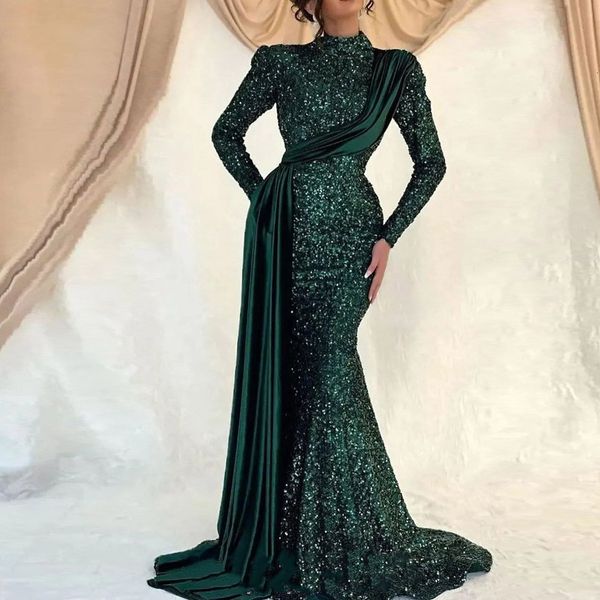 

party dresses modest dark green formal evening 2023 high neck long sleeves muslim women prom gowns ruffle robe de soiree festa 230225, White;black