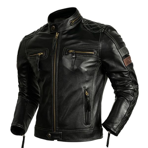 

men's leather faux leather protective rider clothing natural cow leather jacket men motor biker coat mens motorcycle jacket genuine lea, Black