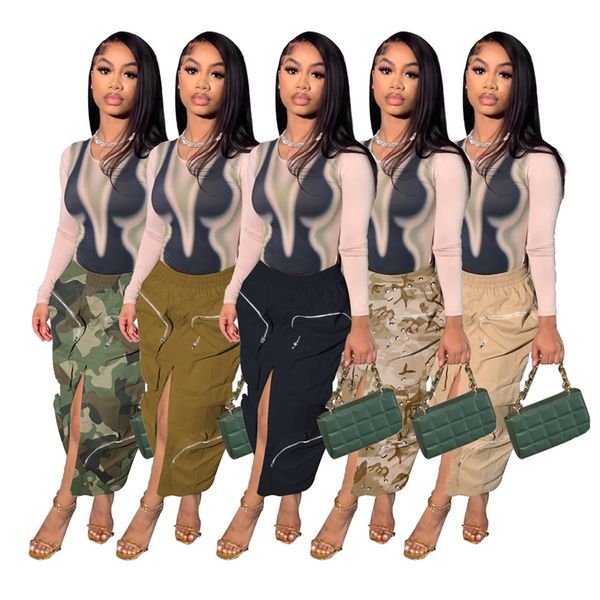 

2023 designer camouflage skirt women dresses spring summer new style split high waist skirts female big pocket cargo ankle-length skirt whol, Black;gray