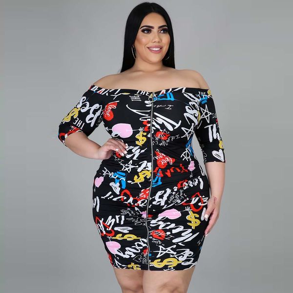 

womens plus size dresses off-the-shoulder one piece dress zipper art print half sleeve full skirt ht2740 casual fashion zipper waist tuck dr, Black
