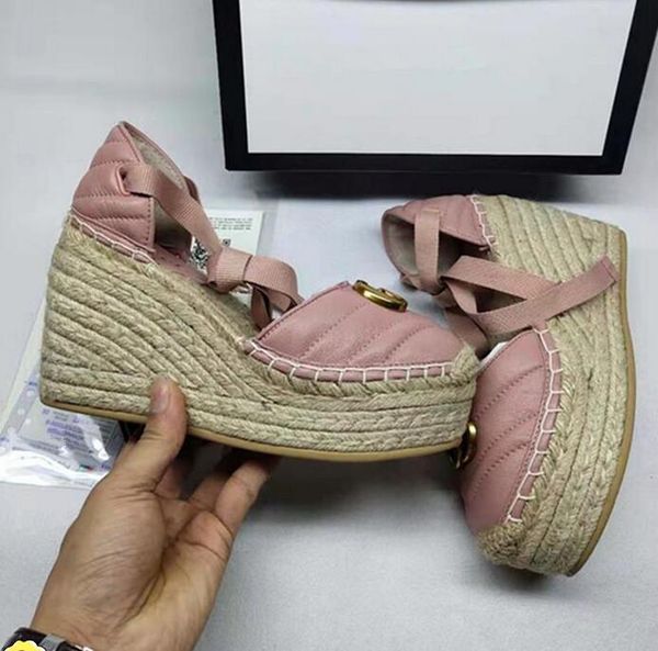 

luxury female designer joker wedge comfortable sandals canvas shoes high-heeled sandals thick-soled light rope woven crossed fisherman', Black