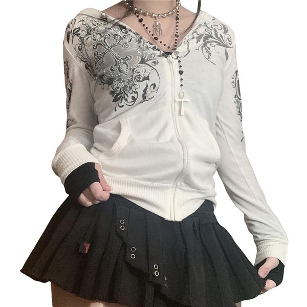 

women's jackets xingqing fairycore coat 2000s aesthetic women grunge graphic print long sleeve coat with rhinestone zipper hooded stree, Black;brown