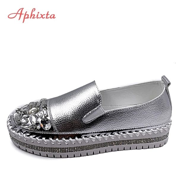 

dress shoes aphixta crystals round toe leather flats shoes women silver bling loafers couple platform shoes woman flat with students size 43, Black