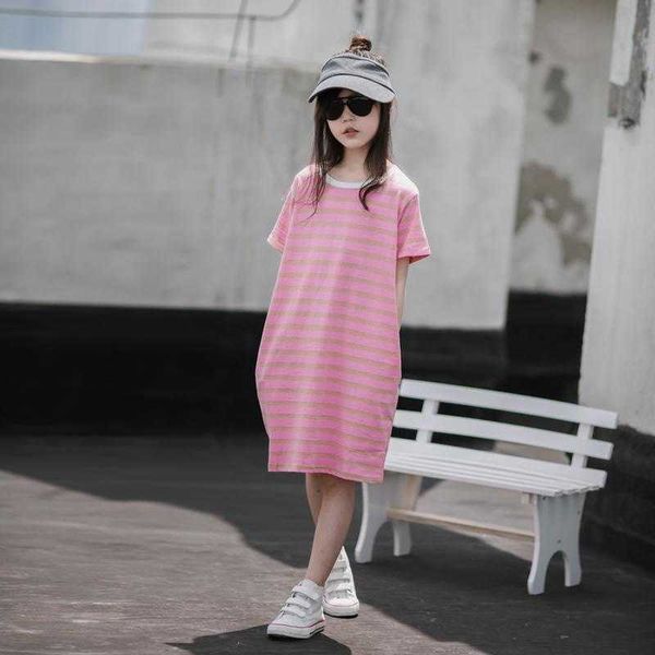 

girl's dresses summer pink stripe t shirt dress school wear child girl casual midi dress children dress for teens girls party princess, Red;yellow
