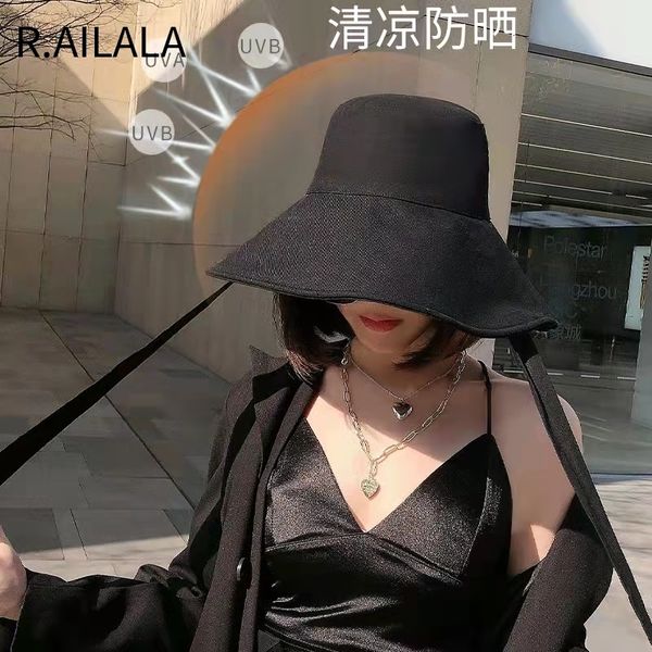 

wide brim hats bucket hats summer spring japan tie bucket hat women korean big brim fisherman foldable sunscreen chic cotton linen beach str, Blue;gray